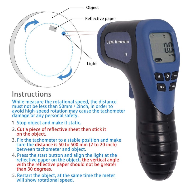 Ehdis Digital LCD Photo Tachometer Non-Contact RPM Meter Motor Speed Gauge Gun Style Includes 10 Reflective Tapes - Image 5